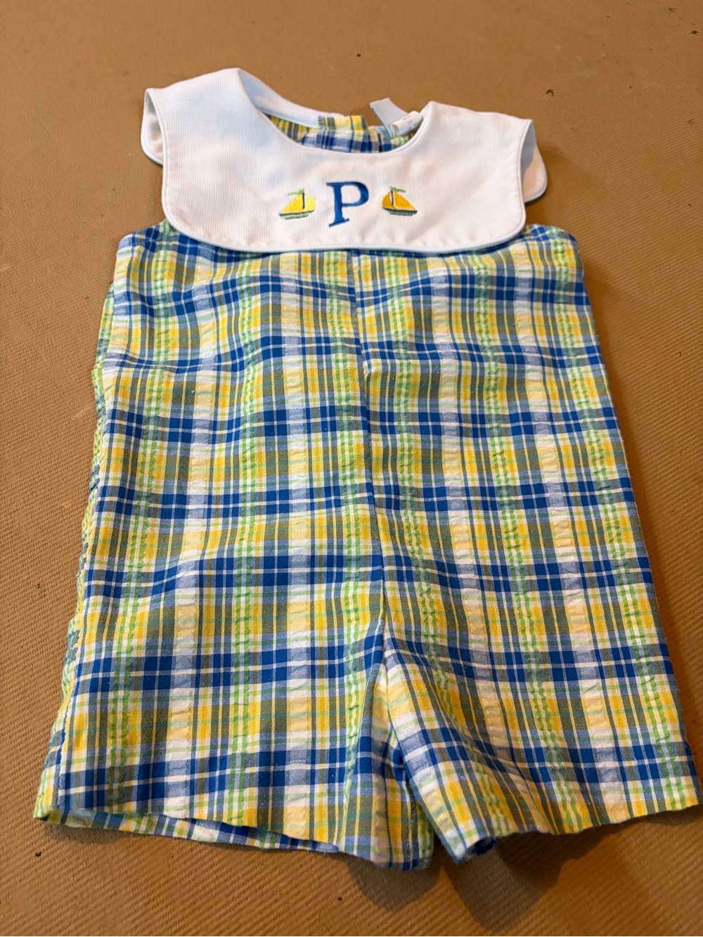 Plaid Shortall with Sailboat Embroidery - Blue & Yellow p mono 18m